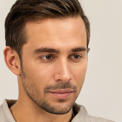 Neutral white young-adult male with short  brown hair and brown eyes