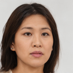 Neutral asian young-adult female with long  brown hair and brown eyes