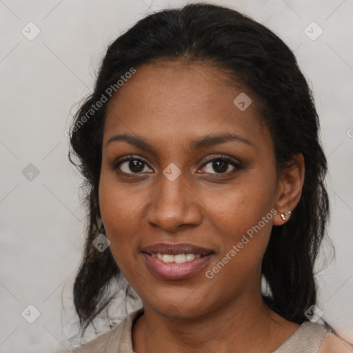 Joyful black young-adult female with medium  brown hair and brown eyes