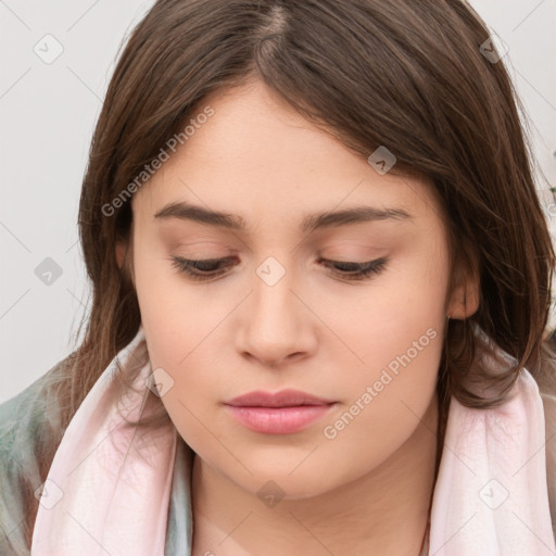 Neutral white young-adult female with medium  brown hair and brown eyes