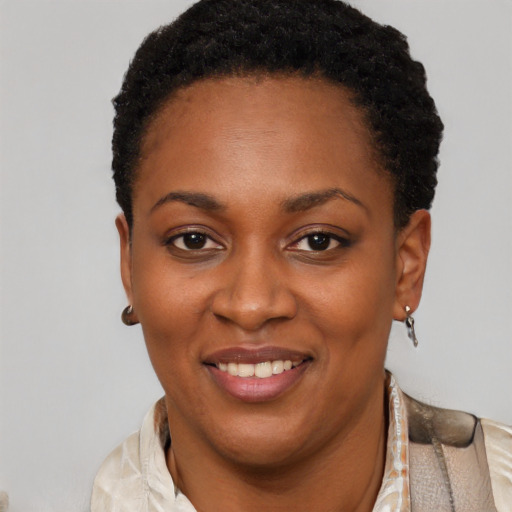 Joyful black young-adult female with short  black hair and brown eyes