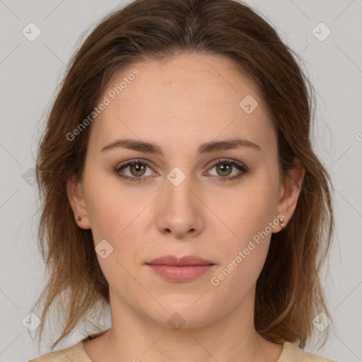 Neutral white young-adult female with medium  brown hair and brown eyes