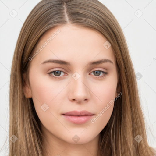 Neutral white young-adult female with long  brown hair and brown eyes