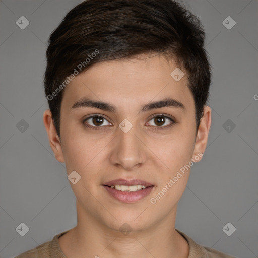 Joyful white young-adult female with short  brown hair and brown eyes