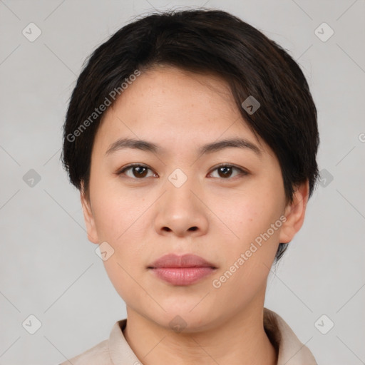 Neutral asian young-adult female with short  brown hair and brown eyes