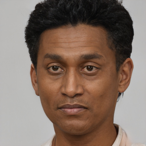 Joyful latino adult male with short  black hair and brown eyes