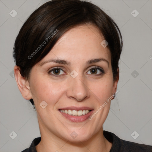 Joyful white adult female with medium  brown hair and grey eyes