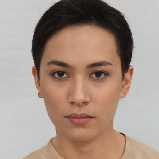 Neutral asian young-adult female with short  brown hair and brown eyes