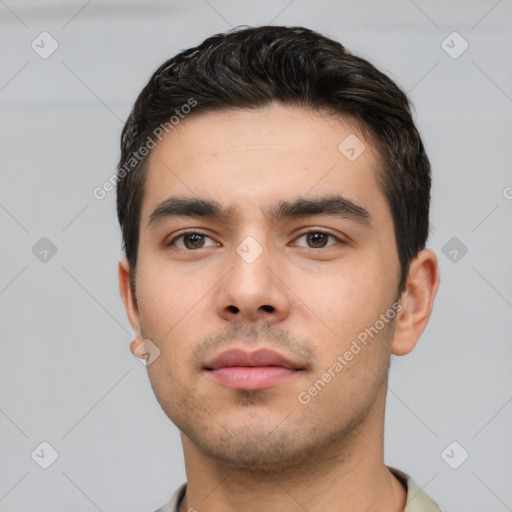 Neutral white young-adult male with short  brown hair and brown eyes