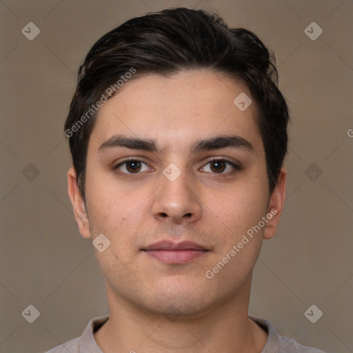 Neutral white young-adult male with short  brown hair and brown eyes