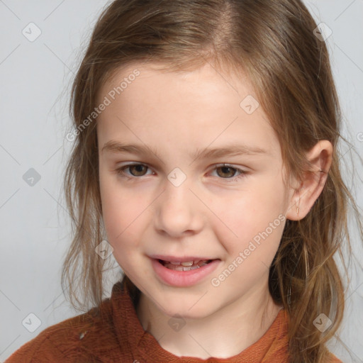Joyful white child female with medium  brown hair and brown eyes