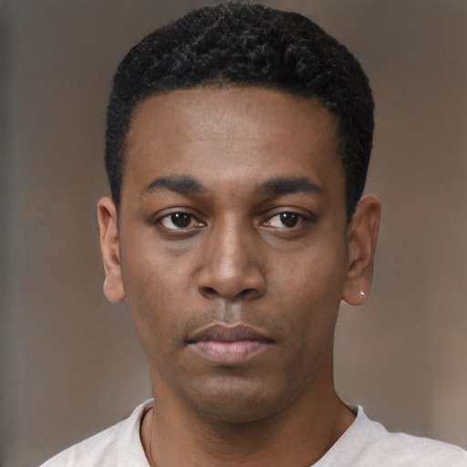Neutral black young-adult male with short  black hair and brown eyes
