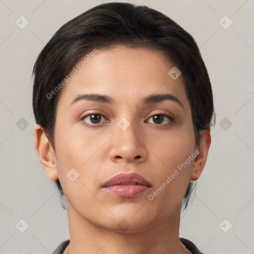 Neutral white young-adult female with short  brown hair and brown eyes