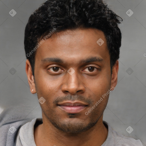 Neutral latino young-adult male with short  black hair and brown eyes