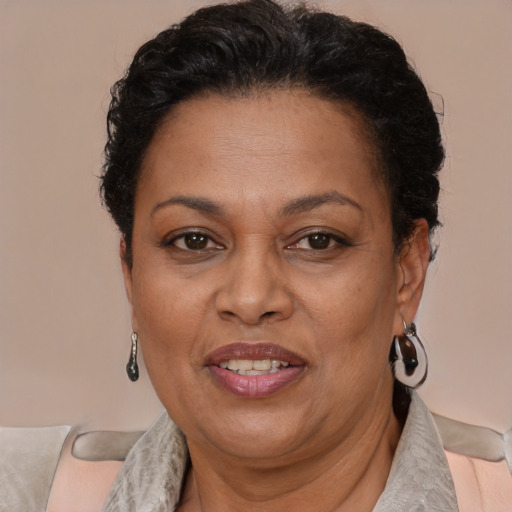 Joyful latino adult female with short  brown hair and brown eyes