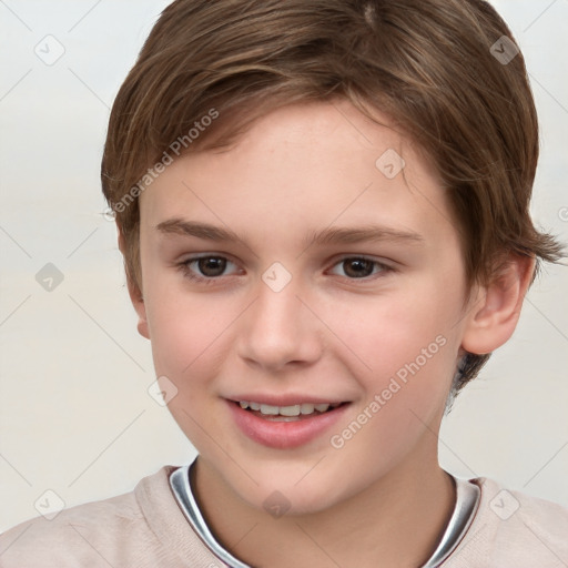 Joyful white child female with short  brown hair and brown eyes