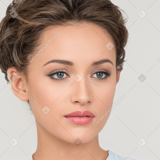 Neutral white young-adult female with short  brown hair and brown eyes