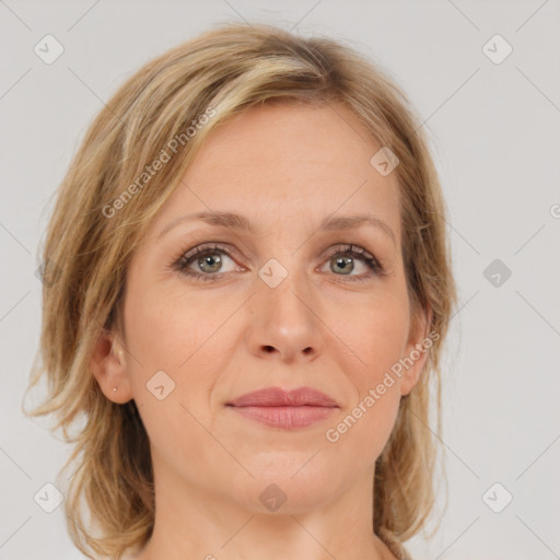 Joyful white young-adult female with medium  brown hair and green eyes