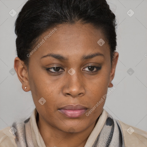 Neutral black young-adult female with short  brown hair and brown eyes