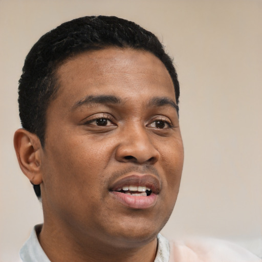Joyful black young-adult male with short  black hair and brown eyes