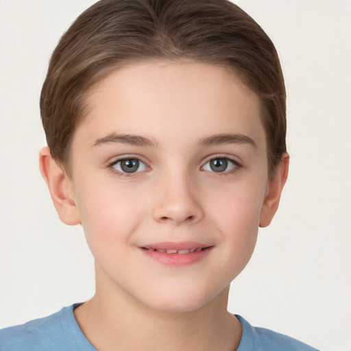 Joyful white child female with short  brown hair and brown eyes