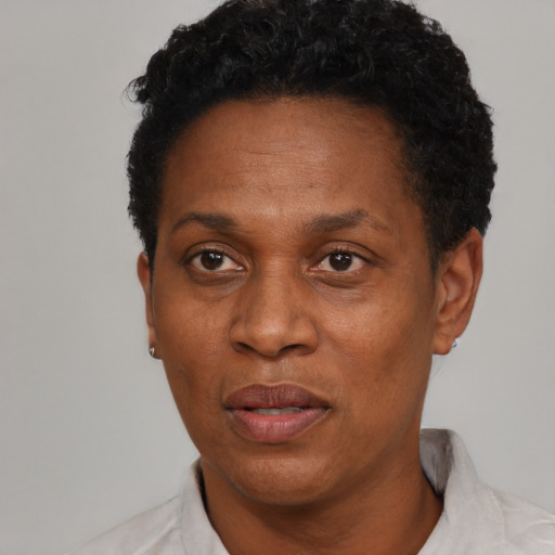 Neutral black adult female with short  black hair and brown eyes