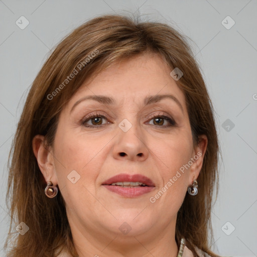 Joyful white adult female with medium  brown hair and grey eyes