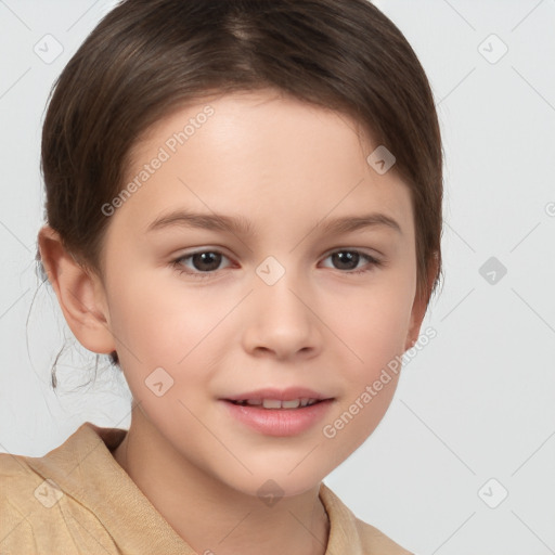 Joyful white child female with short  brown hair and brown eyes