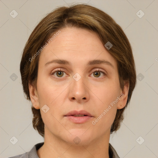 Neutral white young-adult female with medium  brown hair and green eyes