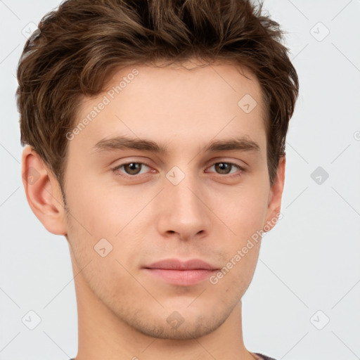 Neutral white young-adult male with short  brown hair and brown eyes