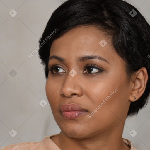 Neutral asian young-adult female with medium  black hair and brown eyes