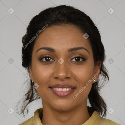 Joyful black young-adult female with medium  brown hair and brown eyes