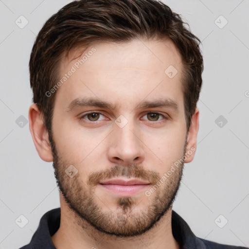 Neutral white young-adult male with short  brown hair and grey eyes