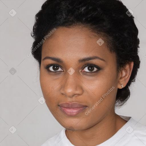 Neutral black young-adult female with short  black hair and brown eyes