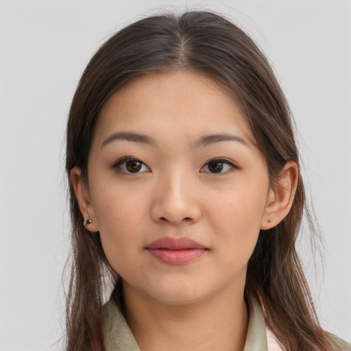 Neutral asian young-adult female with long  brown hair and brown eyes