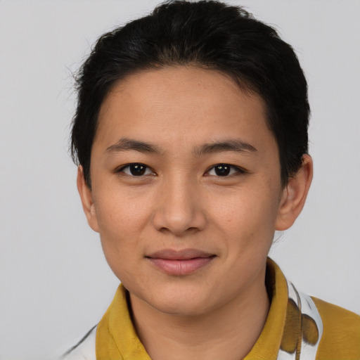 Joyful asian young-adult female with short  brown hair and brown eyes