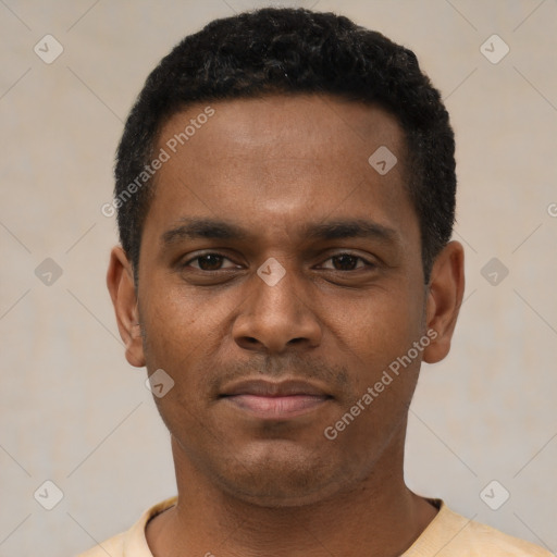 Neutral latino young-adult male with short  black hair and brown eyes
