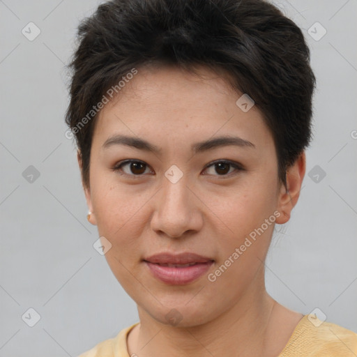 Joyful asian young-adult female with short  brown hair and brown eyes