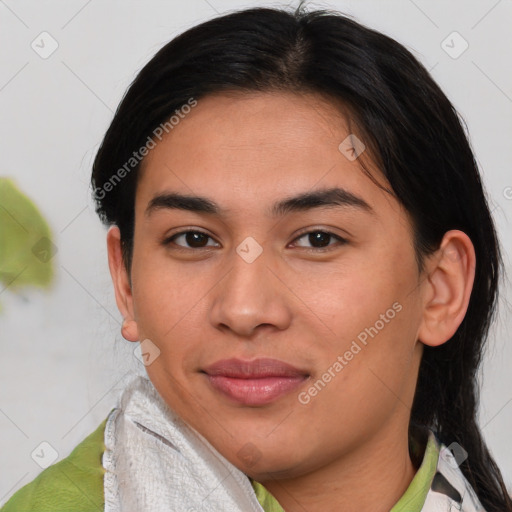 Joyful asian young-adult female with medium  brown hair and brown eyes