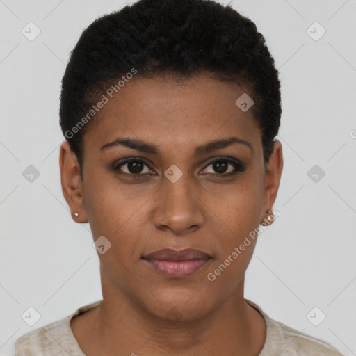 Joyful black young-adult female with short  black hair and brown eyes