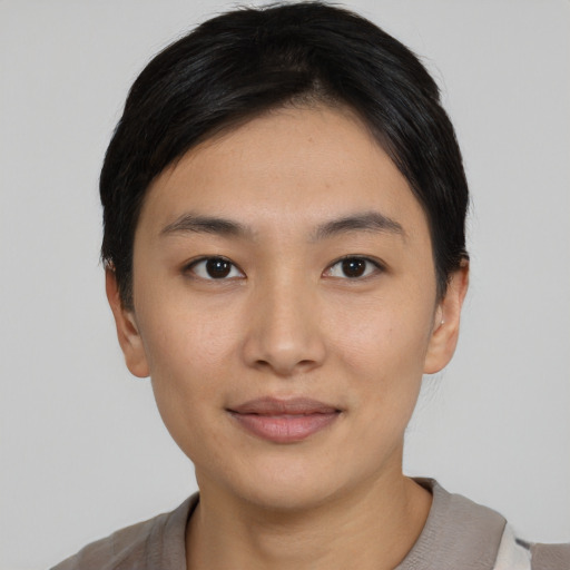 Neutral asian young-adult female with short  black hair and brown eyes