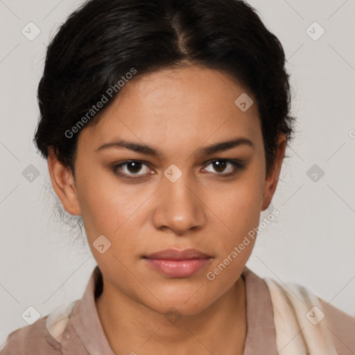 Neutral latino young-adult female with short  brown hair and brown eyes