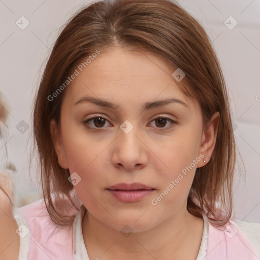 Neutral white young-adult female with medium  brown hair and brown eyes