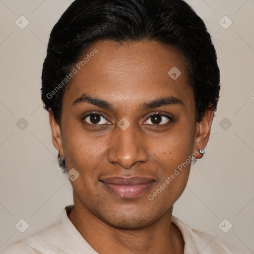 Joyful latino young-adult female with short  black hair and brown eyes
