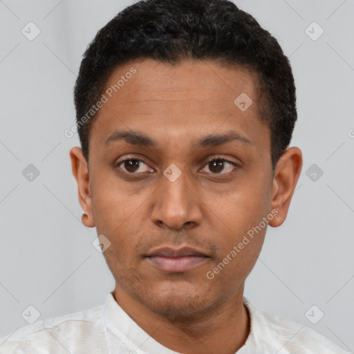 Neutral latino young-adult male with short  black hair and brown eyes