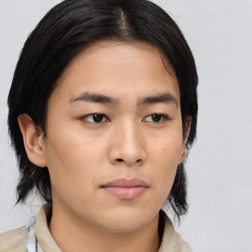 Neutral asian young-adult female with medium  brown hair and brown eyes