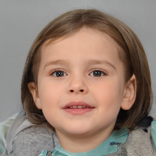 Joyful white child female with medium  brown hair and brown eyes