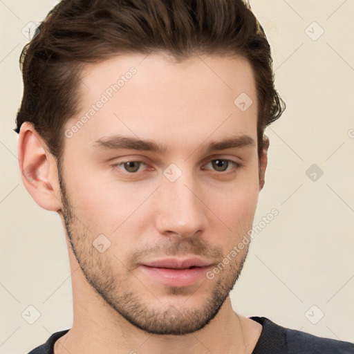 Neutral white young-adult male with short  brown hair and brown eyes