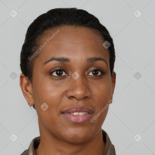 Joyful black adult female with short  brown hair and brown eyes