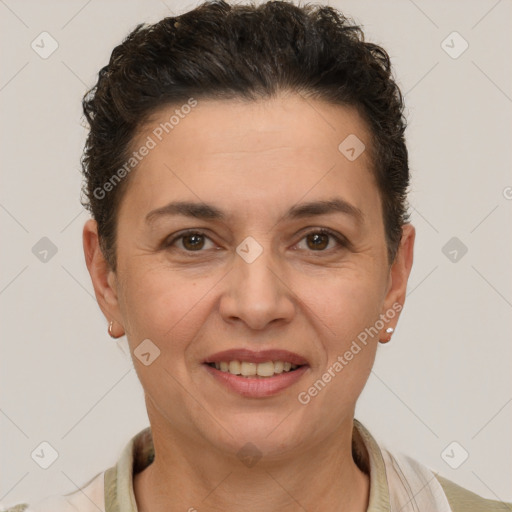 Joyful white adult female with short  brown hair and brown eyes